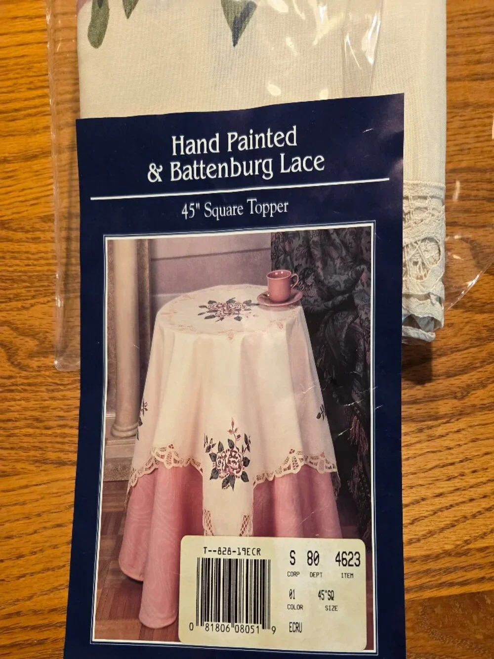 Battenburg Lace Hand Painted Rose Tablecloth Topper 45x45